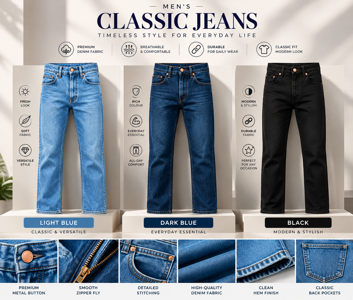 Men's Classic Fit Straight Leg Denim Jeans – Heavy Duty Cotton Work Jeans